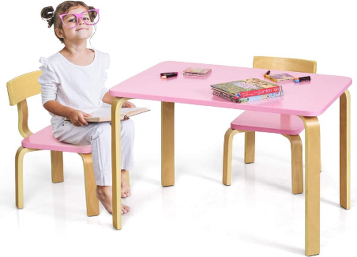 Houten kinderzitgroep met 1 kindertafel en 2 stoelen kindermeubels met afgeronde hoeken en randen kindertafel en stoelen voor thuis klaslokaal kleuterschool (roze)