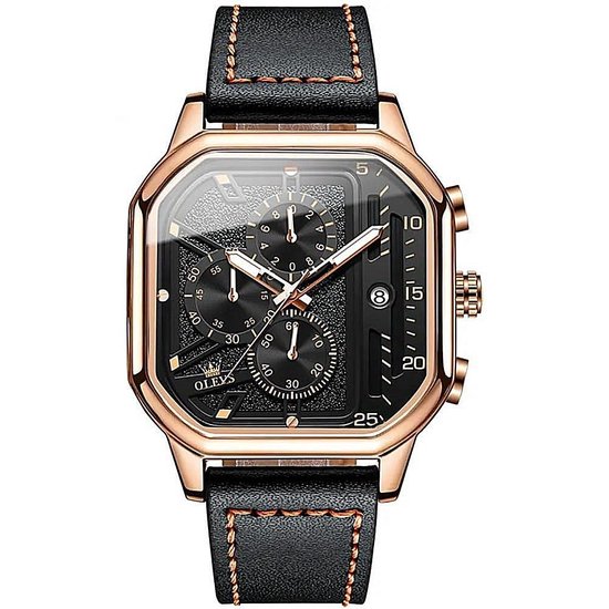 Olevs - Montre Homme - Bracelet Cuir - Montre-Bracelet - Homme - Cadeau - Montre - Coffret Cadeau - Homme - Rose et Noir - Bracelet Zwart