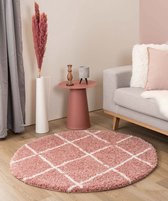 Rond hoogpolig vloerkleed ruiten Artisan - roze/wit 160 cm rond