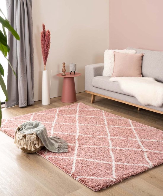 Hoogpolig vloerkleed ruiten Artisan - roze/wit 200x300 cm