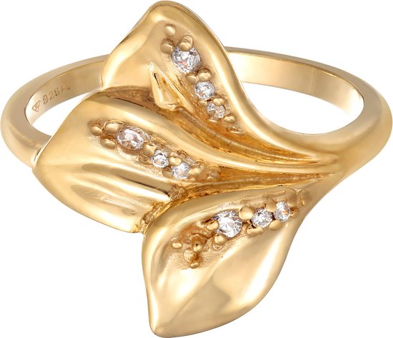 Elli Ring pour femme en Argent sterling 925 plaqué or avec motif feuilles et zircone