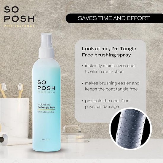 Fles "So Posh Professional Look at me, I'm Tangle Free" hydraterende ontklit spray voor honden.