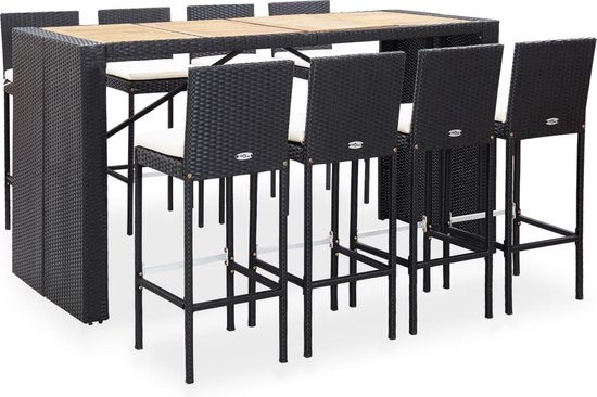 The Living Store Poly Rattan Barset - Zwart - Tafel 200x80x110 cm - Stoel 40x44x108 cm - Incl - Kussens - Massief Acaciahout - Gepoedercoat Staal - Montage vereist - 8x Barstoel - 8x Zitkussen