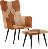 The Living Store Gestoffeerde Armstoel Bruin - Fauteuil en Voetenbank - 55x43x97cm - Echt Leer