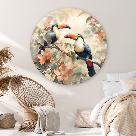 WallCircle - Wandcirkel 120x120 - Toekan - Vogels - Bloemen - Tak - Ronde schilderijen woonkamer - Wandbord rond - Muurdecoratie cirkel - Kamer decoratie binnen - Wanddecoratie muurcirkel - Woonaccessoires XXL