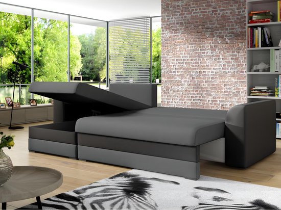 Omkeerbare hoekslaapbank GIANY van stof - Antraciet en licht grijze banden L 243 cm x H 89 cm x D 137 cm