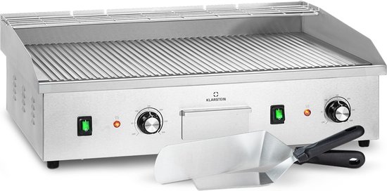 Klarstein elektrische Grill, Tafelgrill met LED-display, elektrische Grill voor Balkon & Binnen, RVS elektrische Grill, Grillplaat met Afneembare Antiaanbakplaat & Spatscherm, elektrische Grill 200 W - 2200W 42 cm 33 kg