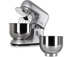 Klarstein Bella Argentea - Keukenmachine, Rührmachine, 5,2 L, Mengkom, Kneedmachine met 1300 W, 6 Snelheidsstanden, RVS Kom, Keukenmachine + Extra Kom, Zilver