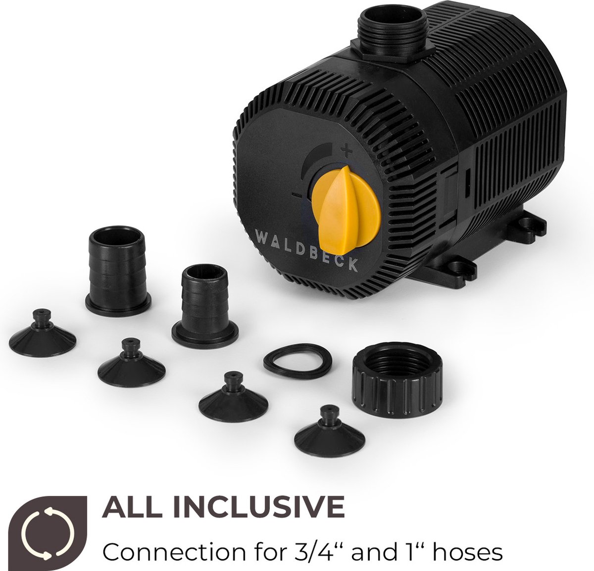Waldbeck Nemesis T35 vijverpomp, 35 watt, maximale opvoerhoogte: 2m, 2300 l / u doorvoer, beschermingsklasse IPX8, geaarde stekker voor buitengebruik, aansluitingen: 3/4 en 1, stroomkabel met 10m lengte