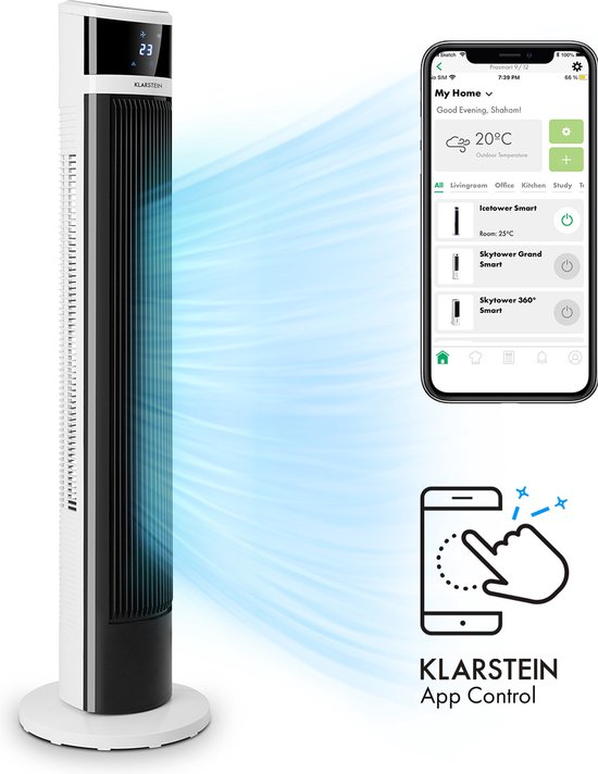 Klarstein Icetower Smart torenventilator 45W, 3 snelheden, 3 modi, stille wifi ventilator met afstandsbediening, timer