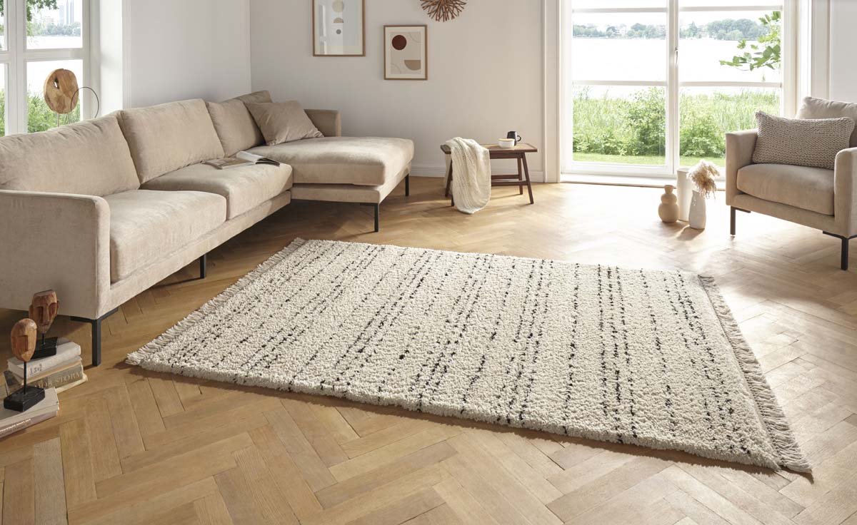 Hoogpolig vloerkleed met franjes Agouhe - crème/zwart 80x150 cm