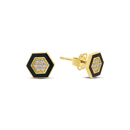 Silventi 9NBSAM-G230259 Clips d'oreilles à tige en or avec zircone - Hexagone - 6,6x7,3 mm - Hexagone - Émail - Zwart - 14 carats - Or