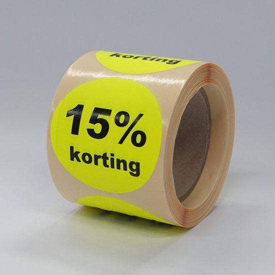 15% Korting stickers op rol - 225 per rol - 50mm geel