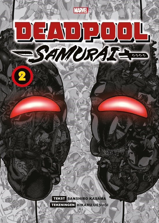 Deadpool Samurai 2. Twee close-ups van Deadpool met rode ogen, omringd door karakters uit de comic.