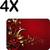BWK Luxe Placemat - Diep Rode Achtergrond met Rode en Gouden Bloemen - Set van 4 Placemats - 40x30 cm - 2 mm dik Vinyl - Anti Slip - Afneembaar