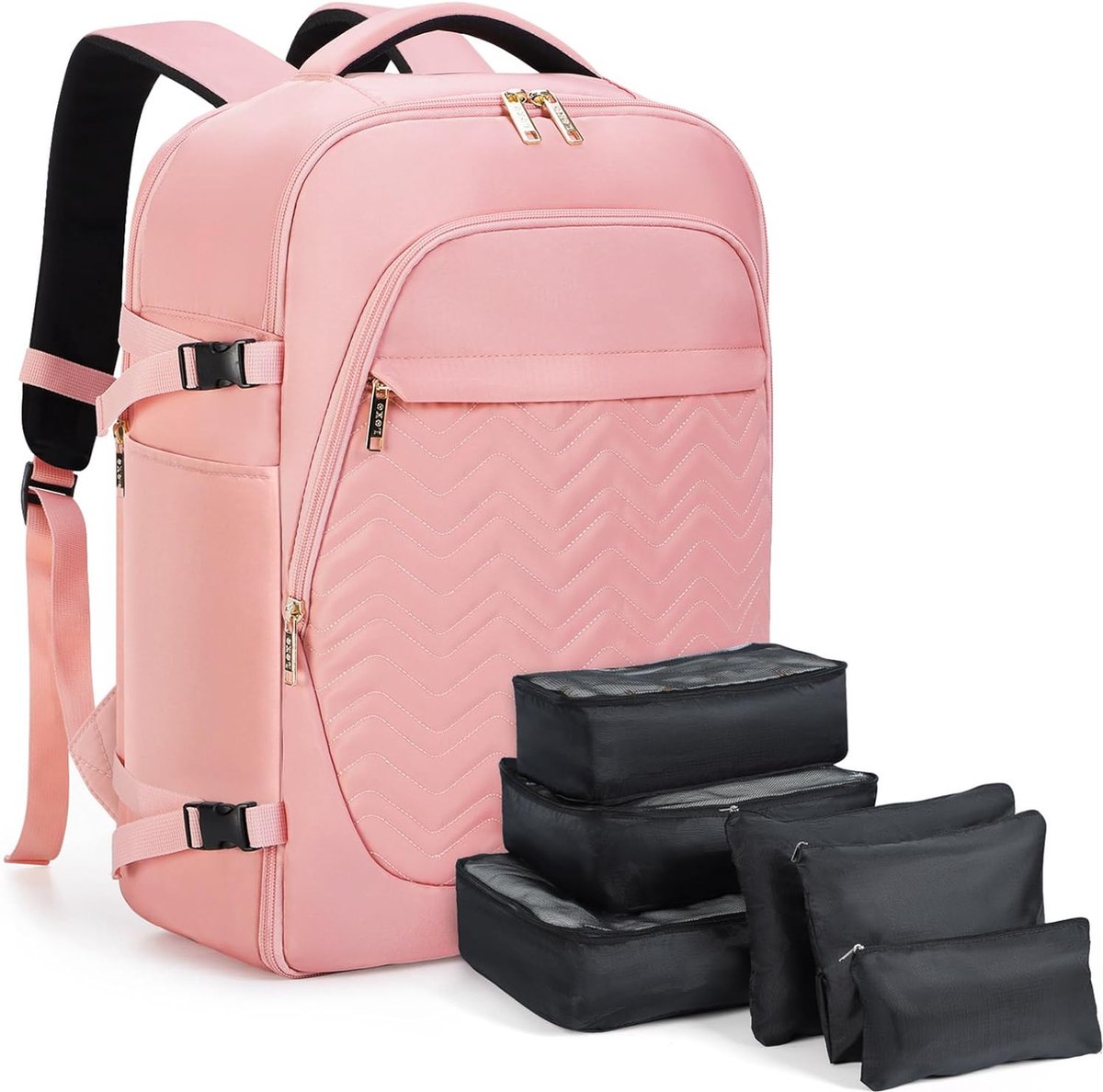 Grote rugzak, handbagage voor dames, 15,6 inch, laptoprugzak, reisrugzak, wandelrugzak met 6-delige kledingtassen voor vakantie, business, werk, reizen, roze