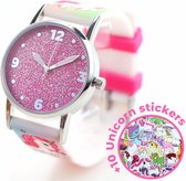 Horloge Unicorn glitter – voor meisjes – Analoog kinderhorloge + 10 Unicorn stickers – roze Eenhoorn 2AW01