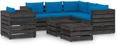 The Living Store Pallet Loungeset - Grenenhout - Moduleerbaar - Lichtblauwe kussens - 150x150cm