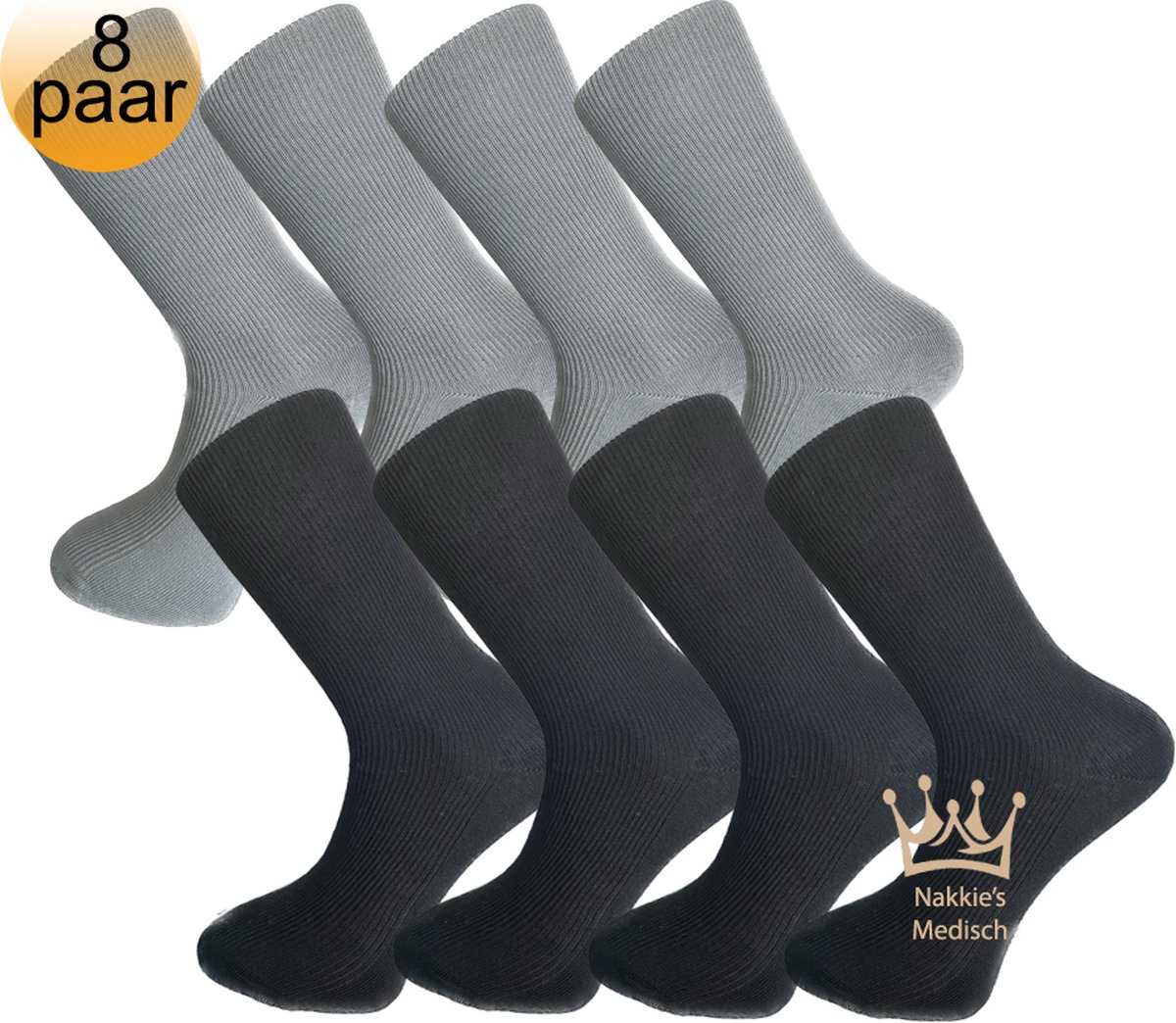 Nakkie's Medische sokken | 100% katoen | 8 paar | Grijs en Zwart | Maat 43/46 | Sokken voor diabeten | Anti bacterieel | Sokken zonder elastiek | Naadloos