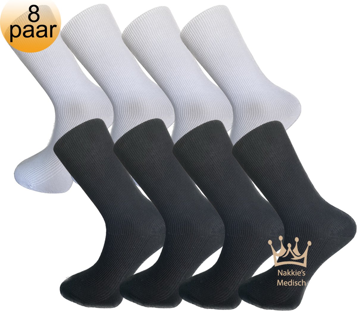 Nakkie's Medische sokken | 100% katoen | 8 paar | Zwart en Wit | Maat 39/42 | Sokken voor diabeten | Anti bacterieel | Sokken zonder elastiek | Naadloos