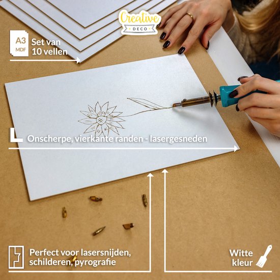 A3 MDF plaat, 10 vellen, met laser gesneden bloemmotief en tekst 'Onscherpe, vierkante randen - lasergesneden'.