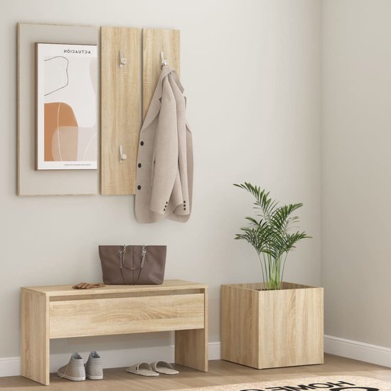 The Living Store Halbank Sonoma Eiken - Multifunctioneel opbergmeubel - Met spiegel - kapstok en plantenbak - 80 x 30.5 x 40 cm
