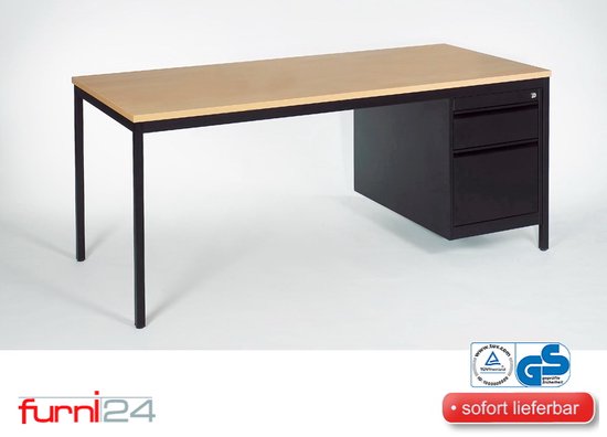Furni24 Home office ensemble de bureau, 160 cm de large, avec base, peut être monté à droite ou à gauche, 2 tiroirs, hêtre 9005