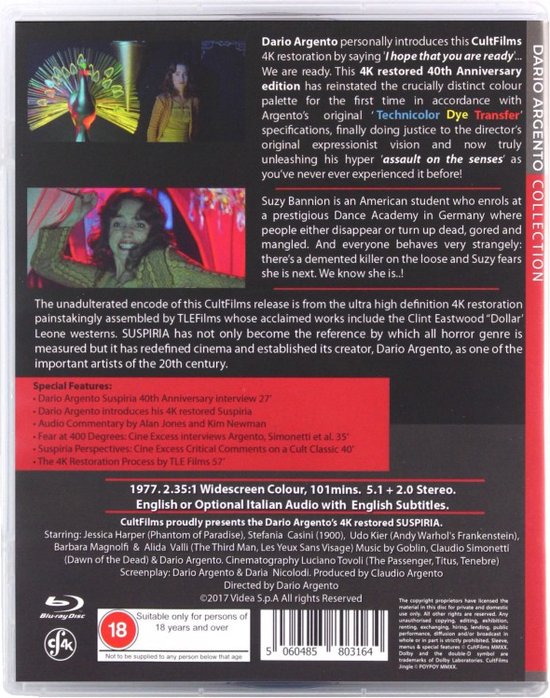 Blu-ray hoes met poster van Suspiria, met daarop een filmscène en tekst.