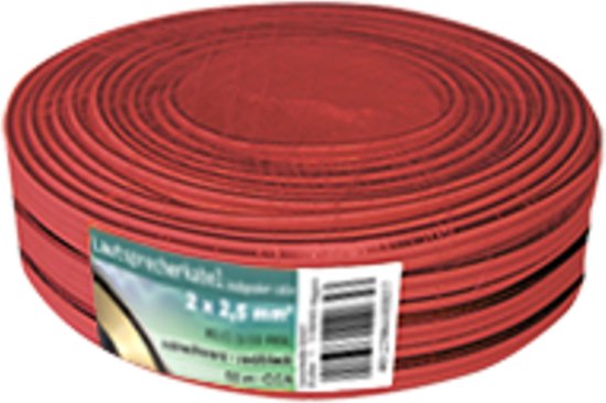 Rol luidsprekerkabel, rood met zwarte strepen, 50 meter.