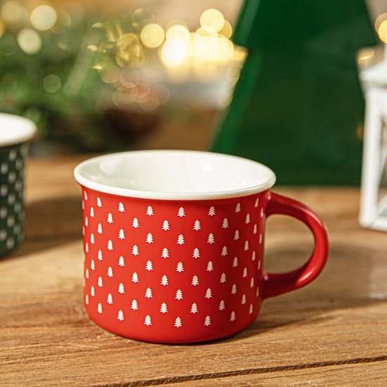 HOMLA Flocon kerstmok - retrostijl en klassieke vorm met feestelijke print - 100% porselein inhoud 0,16 l - rood met kerstbomen