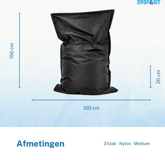 Afmetingen van een zwarte zitzak: 100 cm breed, 150 cm hoog.