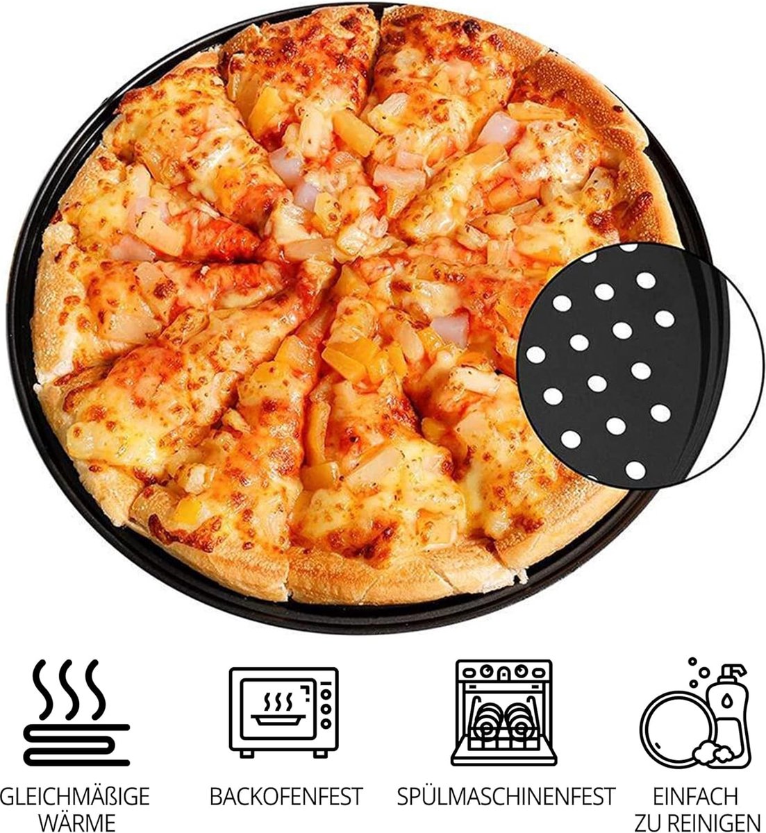 32 cm ronde pizzaplaat van koolstofstaal met gaten voor pizza & tarte flambée, geperforeerd, & anti-aanbakplaat veelzijdig ∅ 32 cm gemaakt van staal, pizza-bakplaat met anti-aanbaklaag