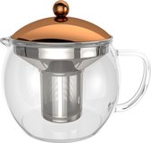 Teapot Tempa Theemaker met uitneembare roestvrijstalen zeef, glazen kan van borosilicaatglas, hittebestendig, glazen theepot met deksel in koper-chroom-look, thee-infuser, 1500 ml