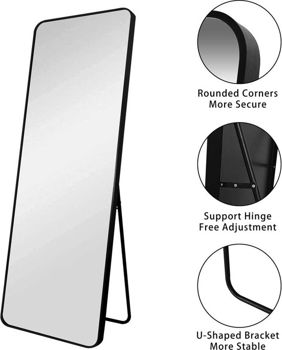 RLAVBL 140 x 40 cm Standspiegel oder Wandspiegel mit schwarzem Aluminiumrahmen, Sicherheits-Temperglas, abgerundete Ecken, für Schlafzimmer, Flur, Wohnzimmer