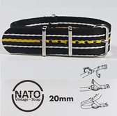 Bracelet de montre élégant 20 mm Premium Nato noir jaune blanc rayé : découvrez le Look Vintage ! Perfect pour les hommes, de notre collection exclusive de bracelets Nato !
