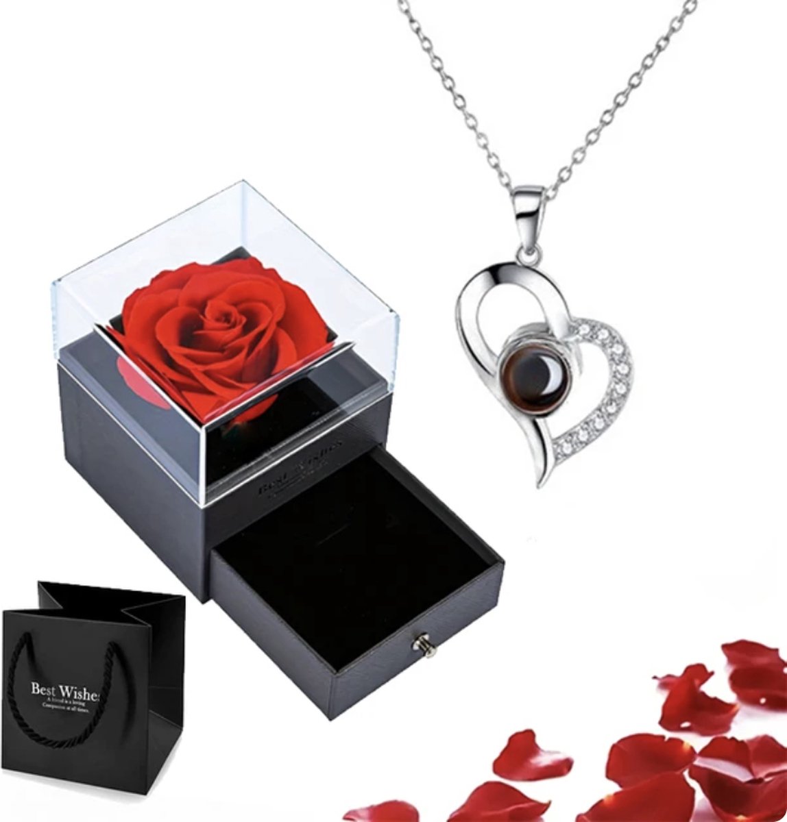 Covie - Sieradendoos - Met ketting - Met eeuwige roos - Geschenk set - Valentijn - 100 talen ik hou van jou -Liefde - Cadeau - Silver 01
