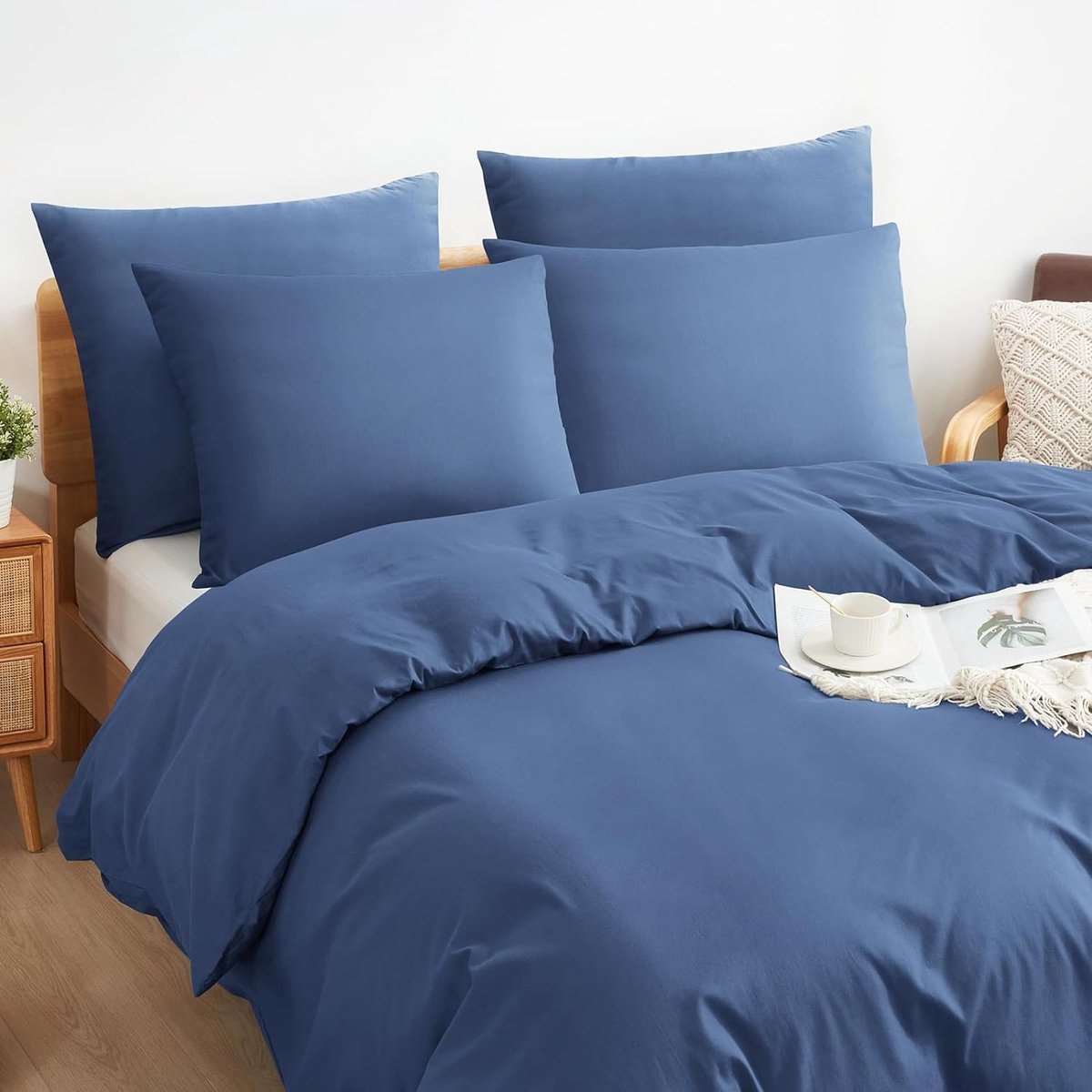 Beddengoed, 135 x 200 cm, 100% katoen, ademende beddengoedsets, beddengoed met ritssluiting, 1 kussensloop 80 x 80 cm, blauw