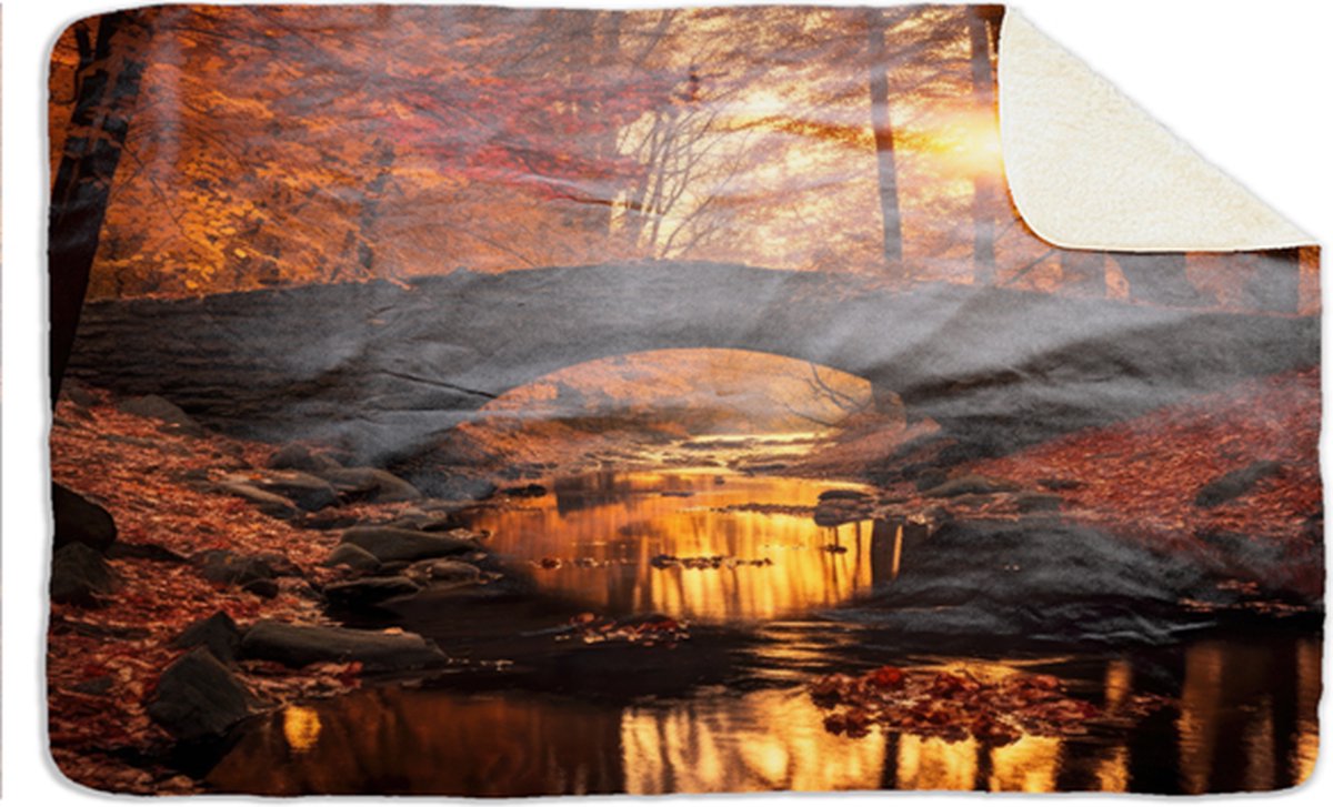 Fleecedeken Herfst met brug, FD2023607, Plaid, 96x146cm, Polyester Sherpa