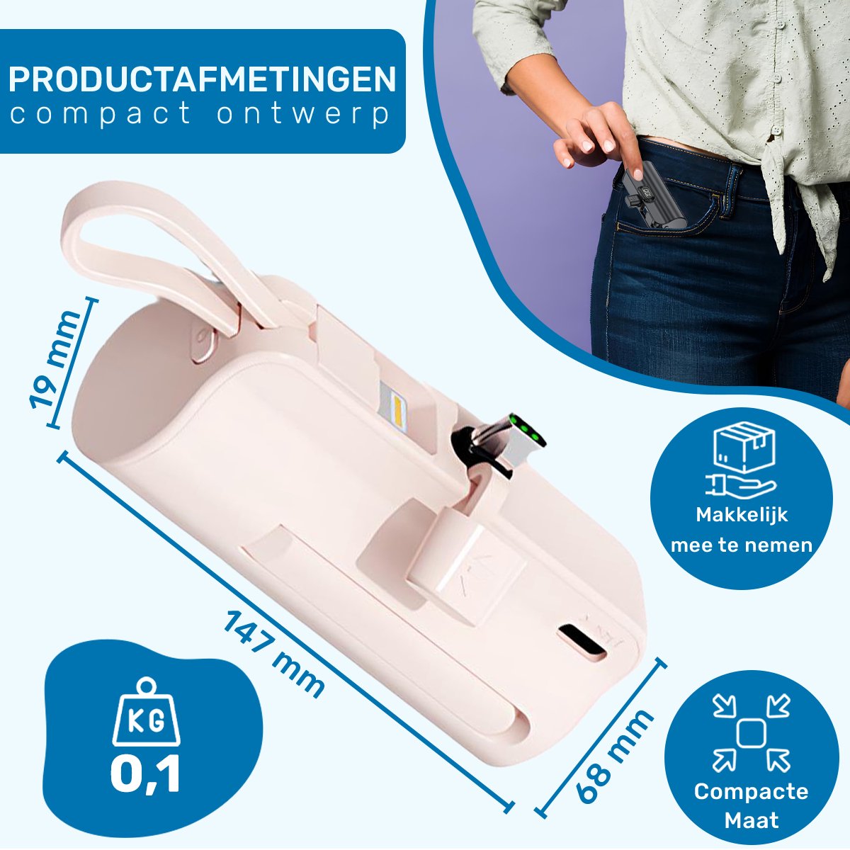 ISHIVA® Mini Powerbank 5000 mAh Draadloos Roze - afbeelding 2