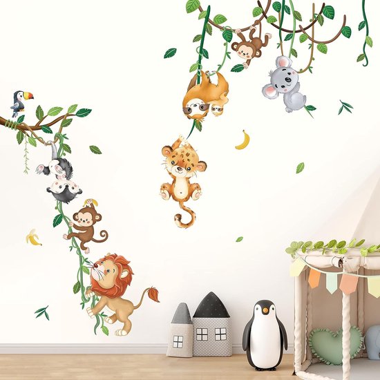 Jungle Dieren Klimmen Boom Muurstickers Aap Leeuw Koala Tijger Muurtattoo Baby Kinderkamer Babykamer Slaapkamer Wanddecoratie