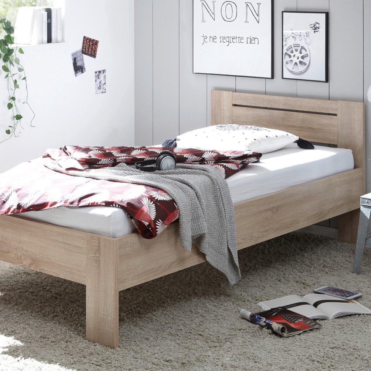 Eenpersoonsbed Sartre 90x200 - Eik - Emob - Eenpersoons Bedkader - Bruin - Spaanplaat Eenpersoons Normaal Bed
