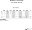Maattabel voor Acelera fietsbroeken, met gewicht en lengte in cm.