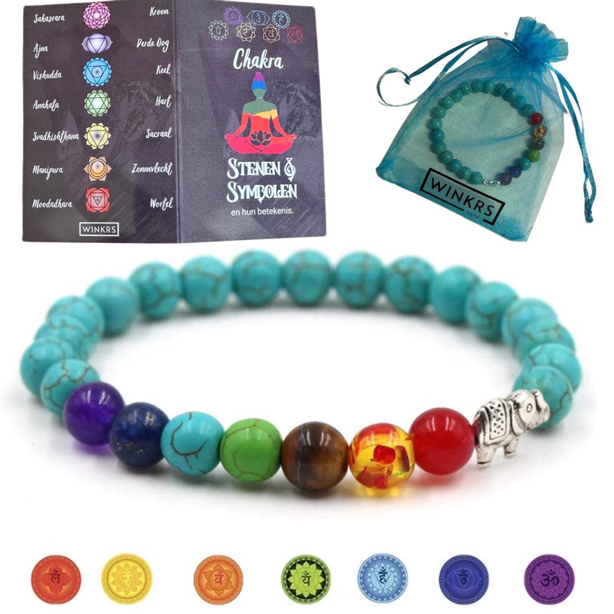 Chakra Armband Olifant - 19CM - Stretch armband met Turkoois Kralen, Olifant en Chakra stenen - Natuursteen Sieraad