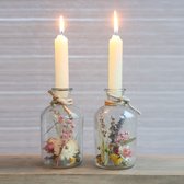 Droogbloemen in glas met kaarsen, droogbloemenset met vaas, 2 stuks, decoratieve gedroogde bloemen, flessen kandelaar met eeuwige bloemen, geschenken voor vrouwen (crème)