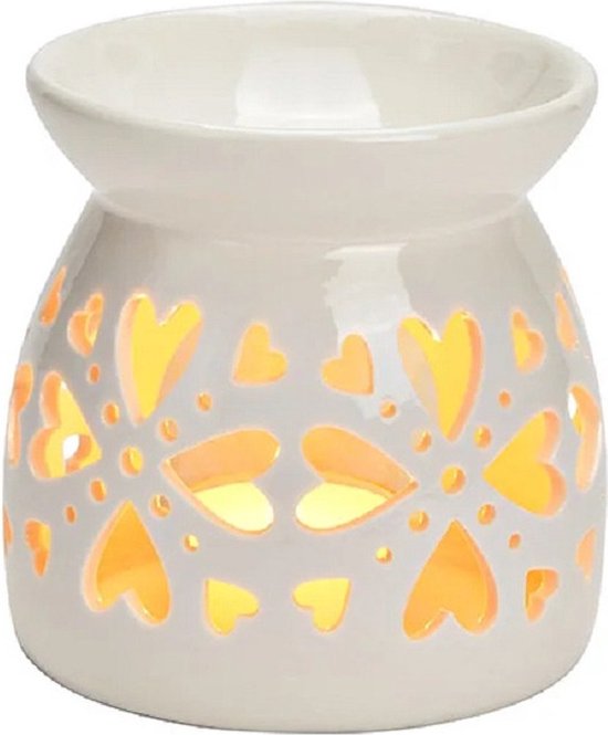 Brûleur de parfum pour cubes d'ambre/huile parfumée - porcelaine - coeurs blancs - 10 x 10 x 10 cm