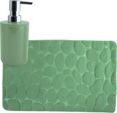 MSV badkamer droogloop mat/tapijt Kiezel motief - 50 x 80 cm - zelfde kleur zeeppompje 260 ml - groen