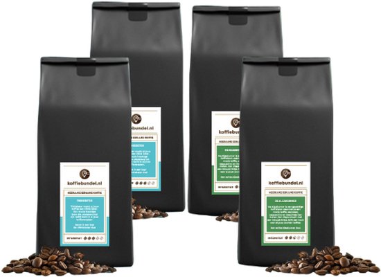 Koffiebonen proefpakket 4 x 1 kg, probeer onze beste professionele koffiemelanges, "Tikkiebeter": 80% Arabica & 20% Robusta, "DeAlleskunner":60% Arabica & 40% Robusta