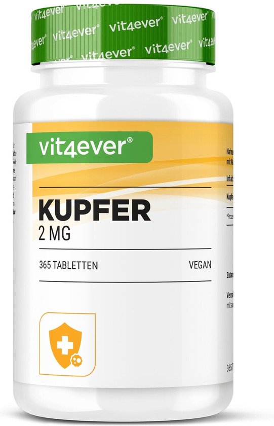 Koper - 365 tabletten met elk 2 mg - 1 jaarvoorraad - Hoge biologische beschikbaarheid - Kopergluconaat - Hooggedoseerd - Veganistisch - Zonder ongewenste toevoegingen | Vit4ever - Vit4ever