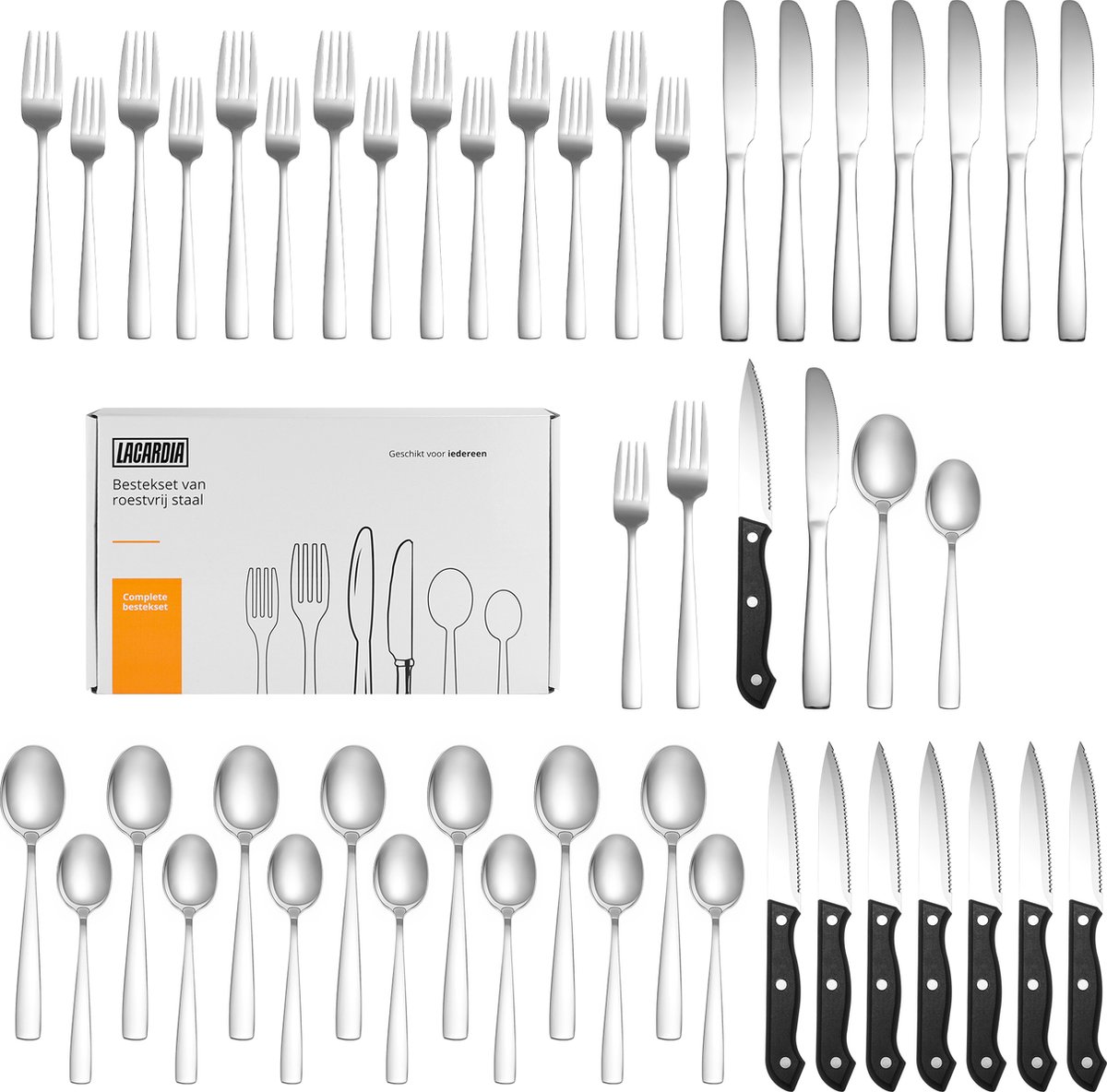 LaCardia 8 Persoons Bestekset 48-Delig - Lepels - Messen - Vorken - Steakmessen - Vaatwasserbestendig - Bestek - Zilver/RVS