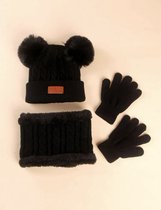 Wintermuts, sjaal en handschoenen - muts met twee pompoms - kleur zwart - 2-5 jaar kind/peuter/kleuter - Cadeau - Kerstcadeau